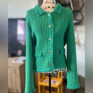 Mango Green Textured Fringe Button-Up Blazer